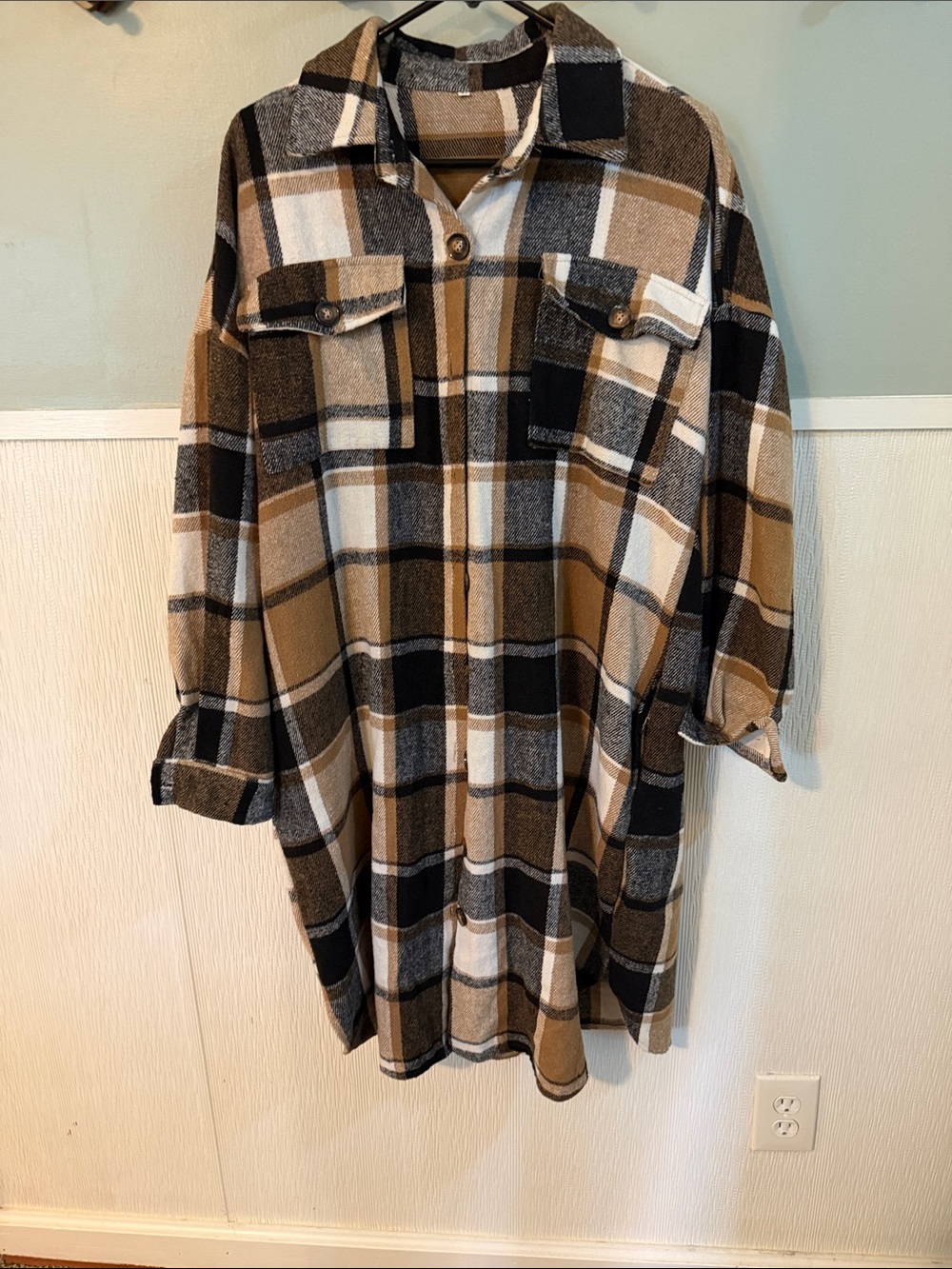 Amazon Plaid Button-Front Shacket - Black, Tan & Cream